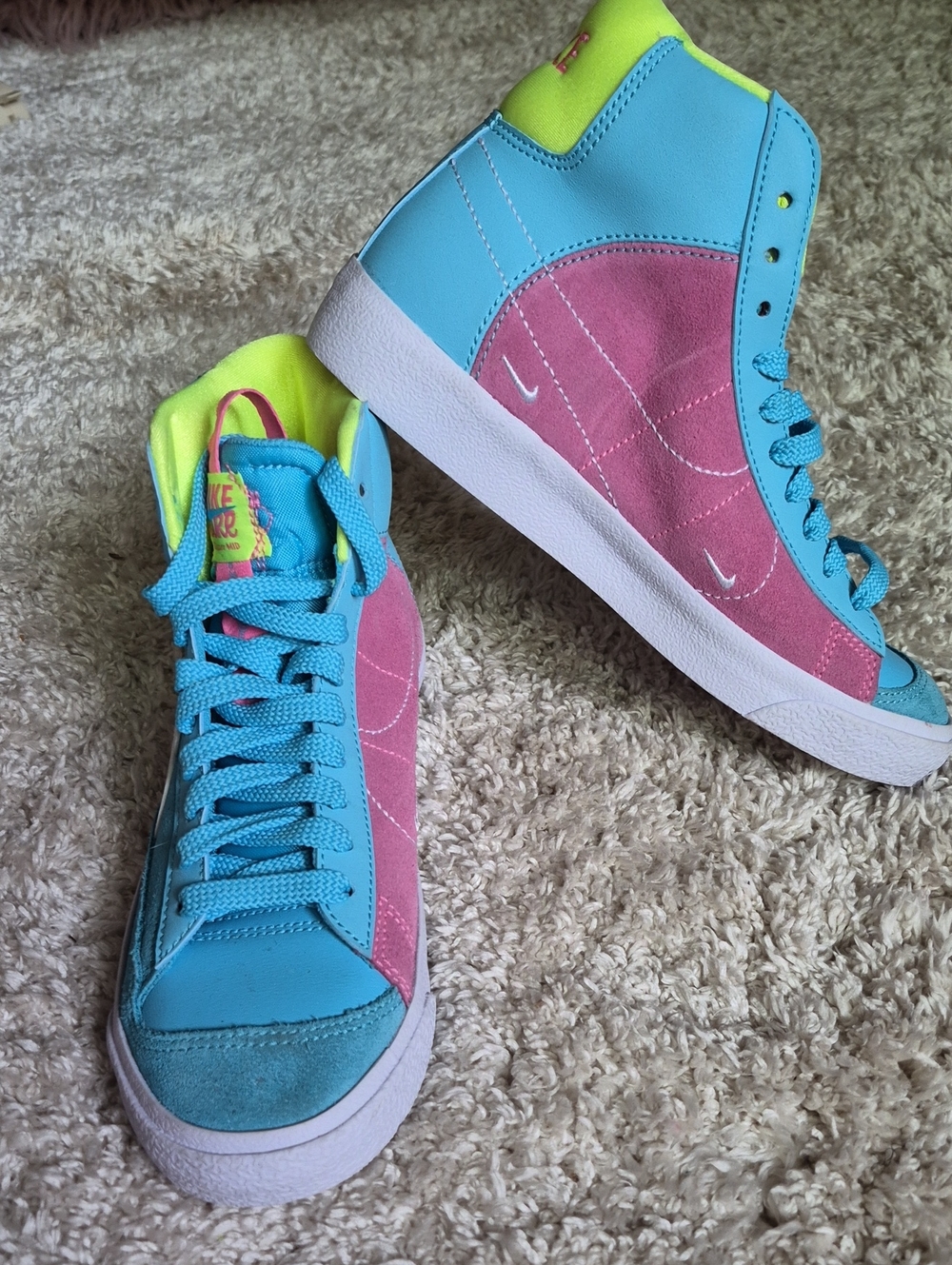 Nike Kids High-Top Sneakers in Blue, Pink & Neon Yellow